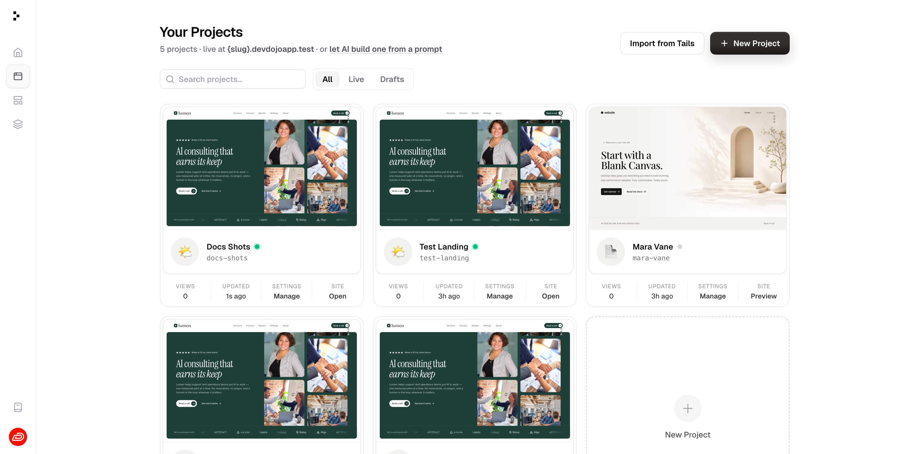 The DevDojo Sites dashboard with site cards